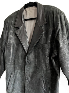 Vintage 80s Black Leather Blazer Oversized Jacket, Stamped Crocodile Design