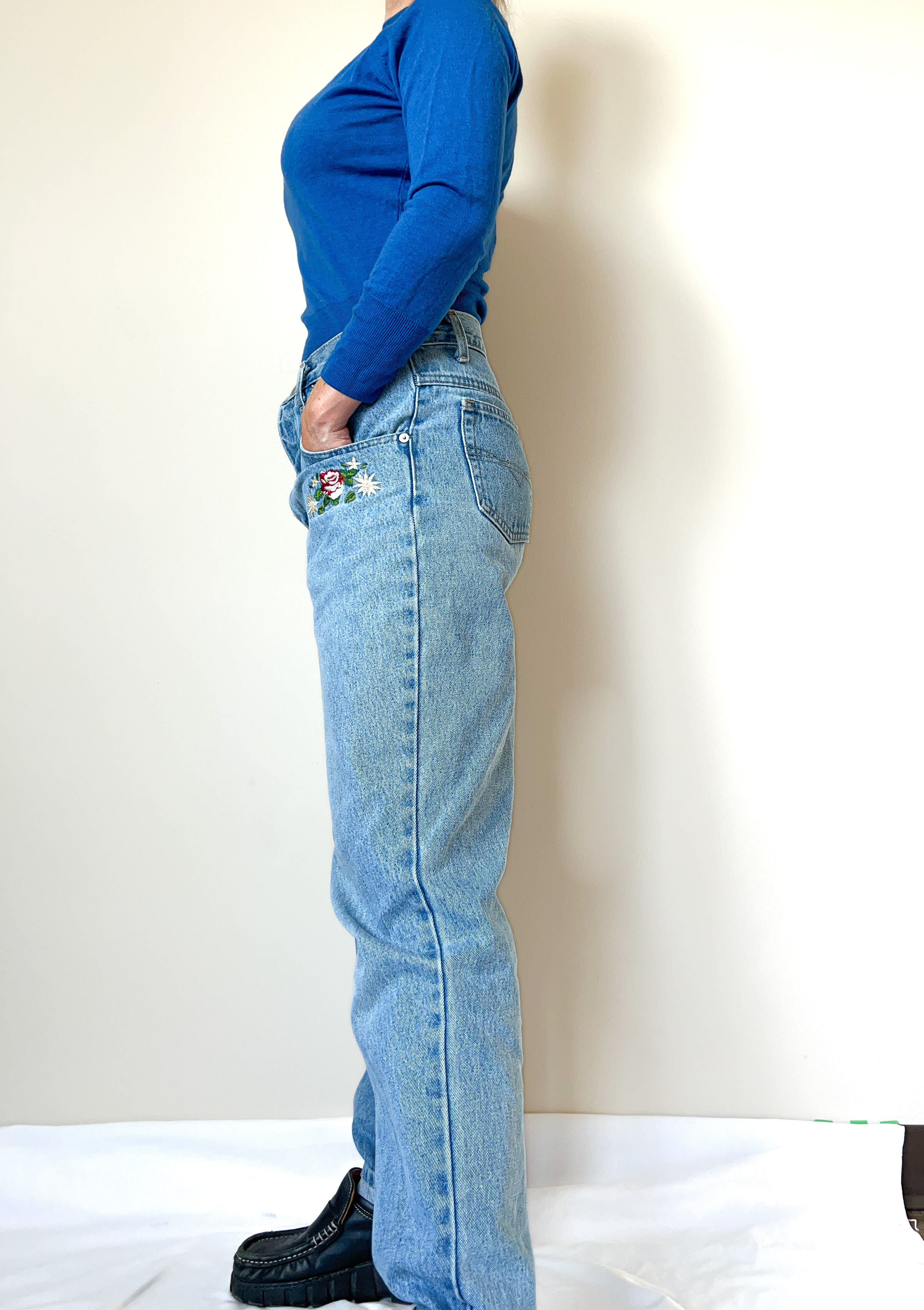 90s Vintage Embroidered Jeans, 31” Waist, Light Wash, Made in Canada