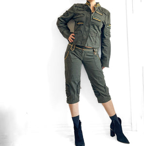 Vintage Early 2000's Low Rise Olive Green Capri Pants and Cropped Jacket Set, Size Medium, Made in Italy