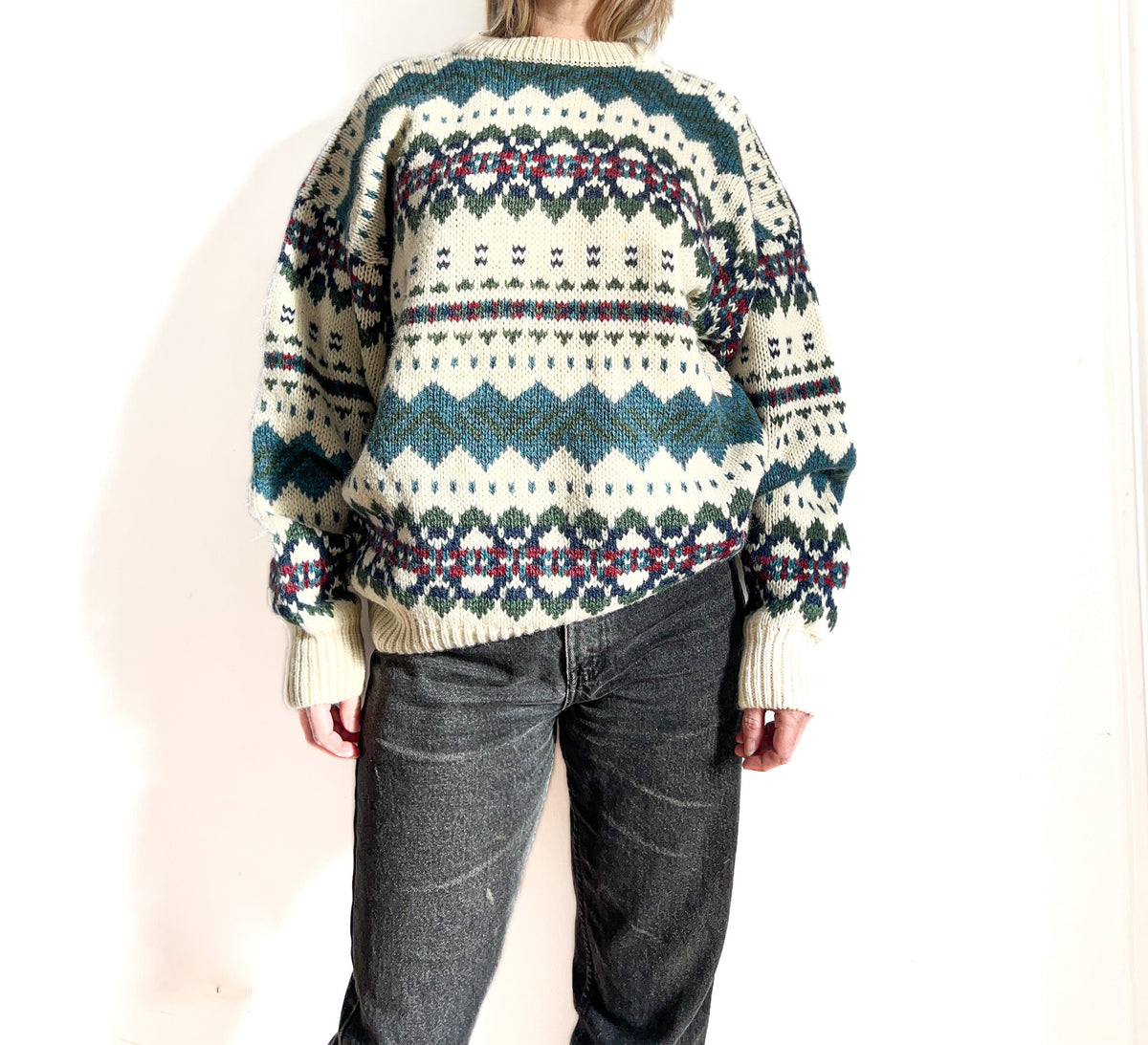 90s Chunky Knit Extra Large Wool Sweater, Oversize XL Nordic Pattern K