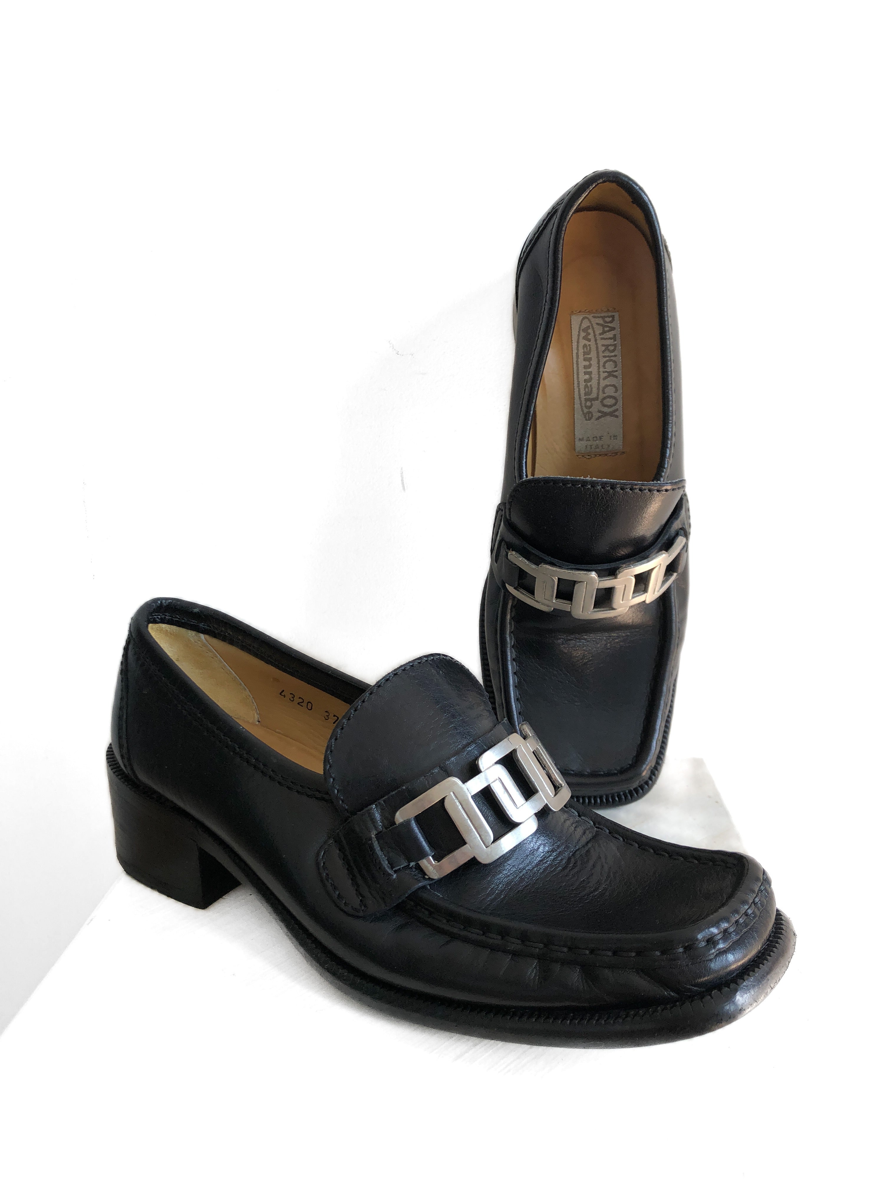 Patrick Cox Wannabe Shoes, Size 37, 90s Vintage Designer Black Leather Loafer with Chunky Heels, Made in Italy
