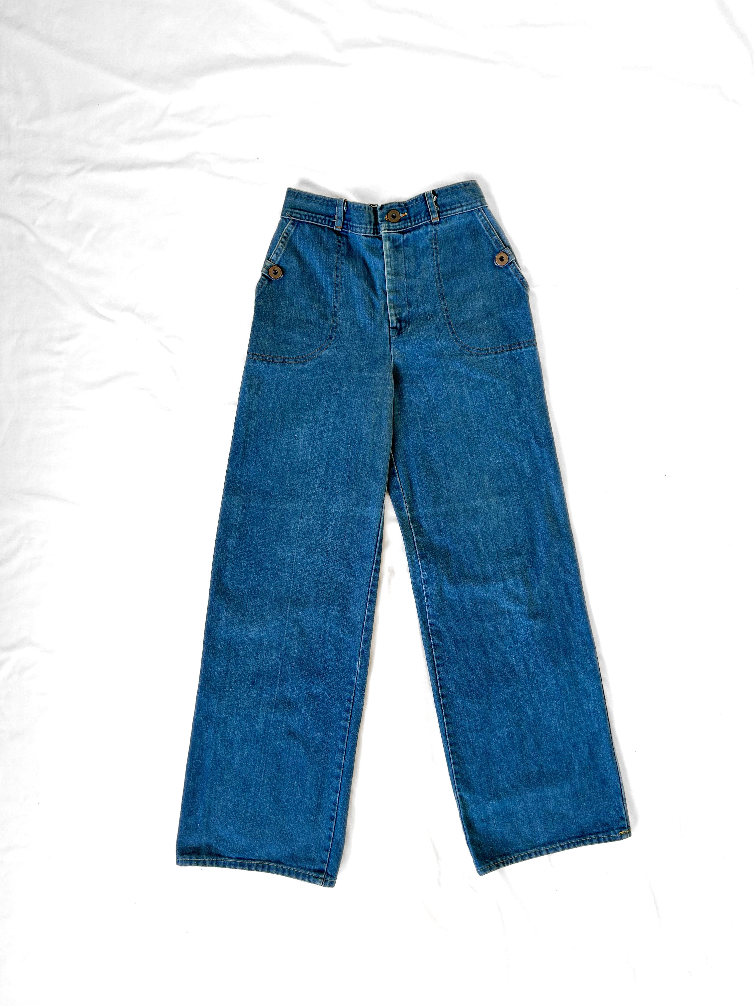 70s Vintage Jeans High Rise 25” Waist, Straight Leg Trouser Style Jeans