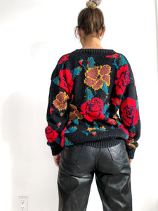 90s Oversized Rose Sweater With Large Floral Motif, Cotton Knit  by Natonia made in Hong Kong