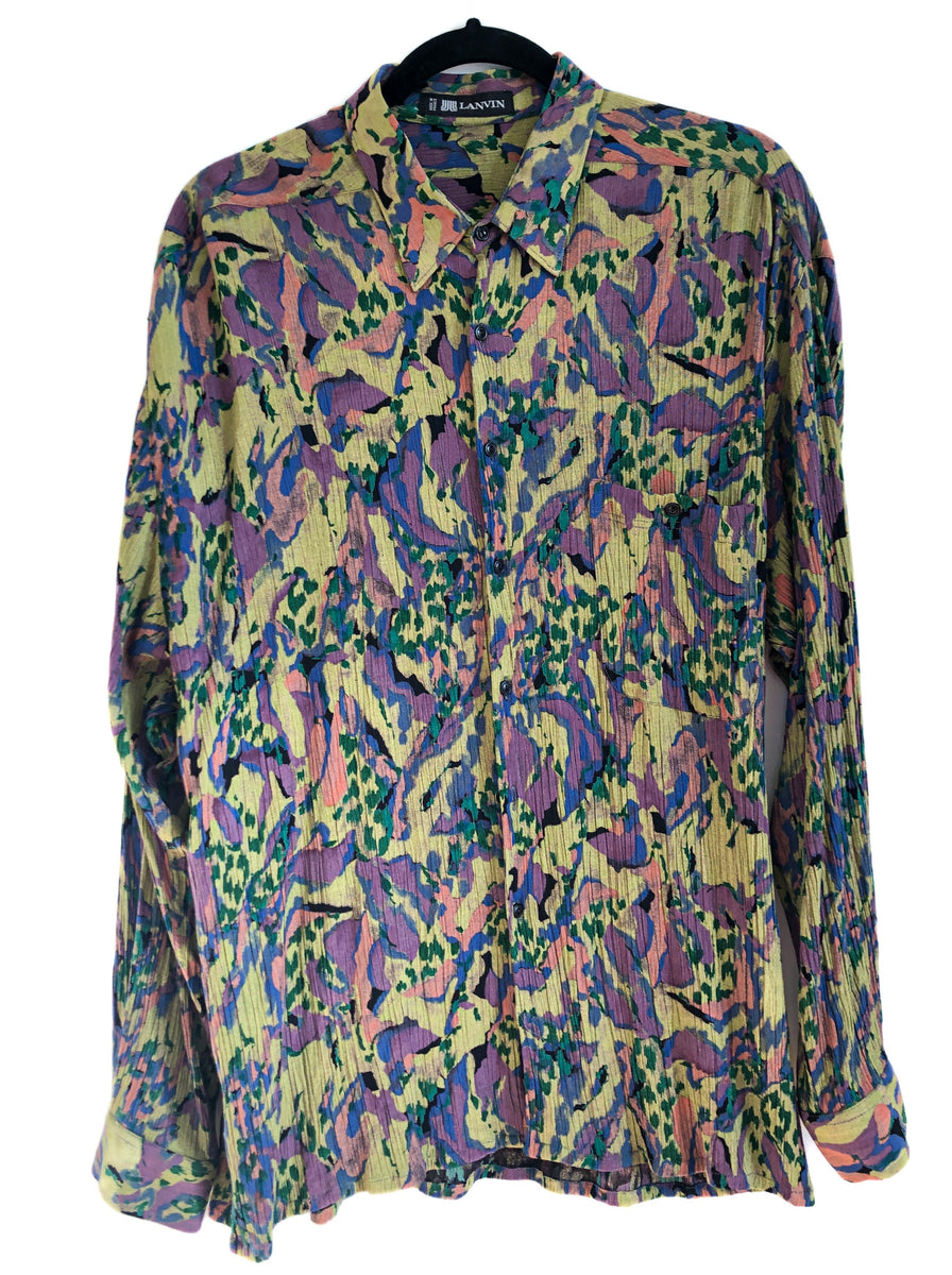 Vintage Plisse Pleat Unisex Blouse With Abstract Painterly Print, 1980