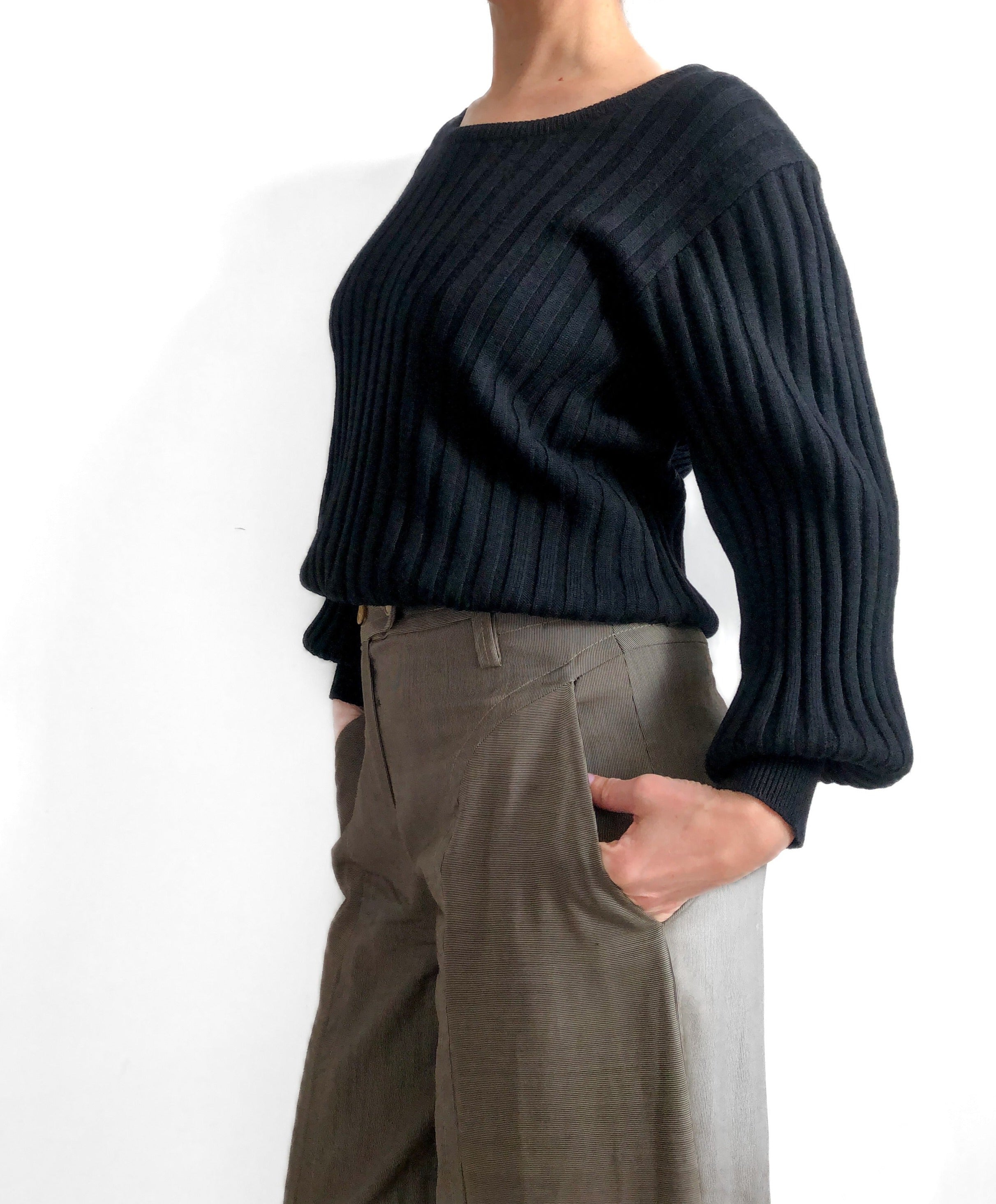 Holt Renfrew Balloon Sleeve Sweater, Size Large Wide Ribbed Black Wool Luxury Sweater,