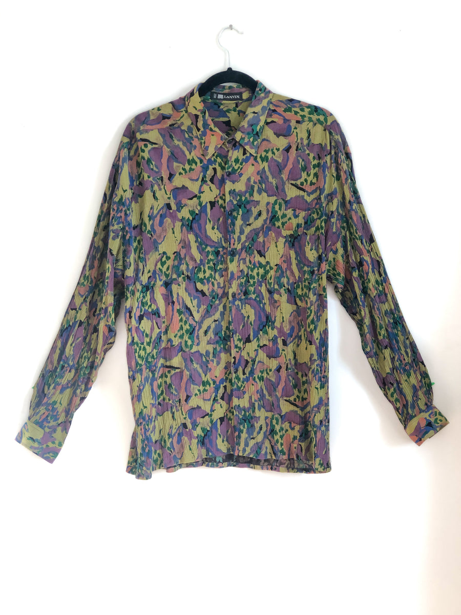 Vintage Plisse Pleat Unisex Blouse With Abstract Painterly Print, 1980
