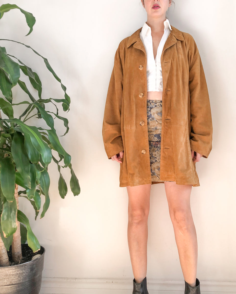 Guy Laroche Caramel Suede Coat, Unisex Fall Vintage Brown Leather