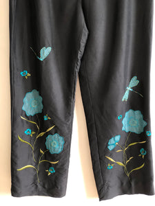 Black Silk Pants with Embroidered Flowers and Dragon Flies by Yves Cossette Depeche Mode, High Rise Silk Pants Waist size 30"