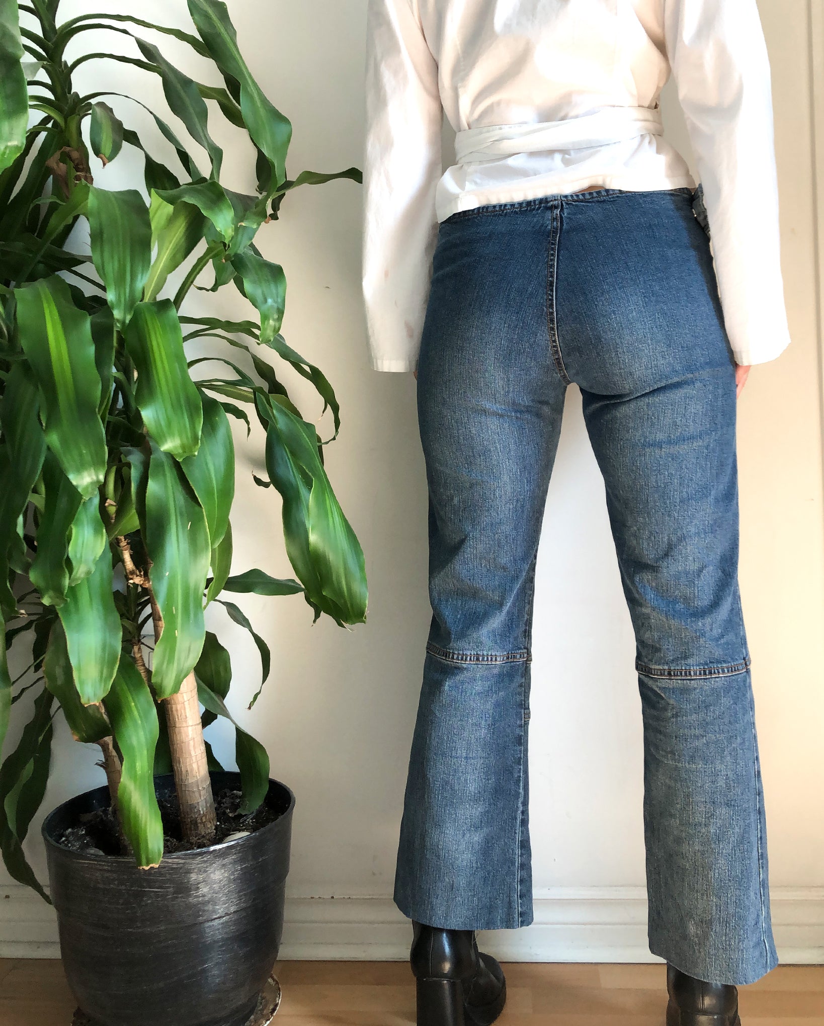 Y2K Low Rise Jeans With Flares and Contrast Denim Detail at Waist, Kokawaii Brand Jeans
