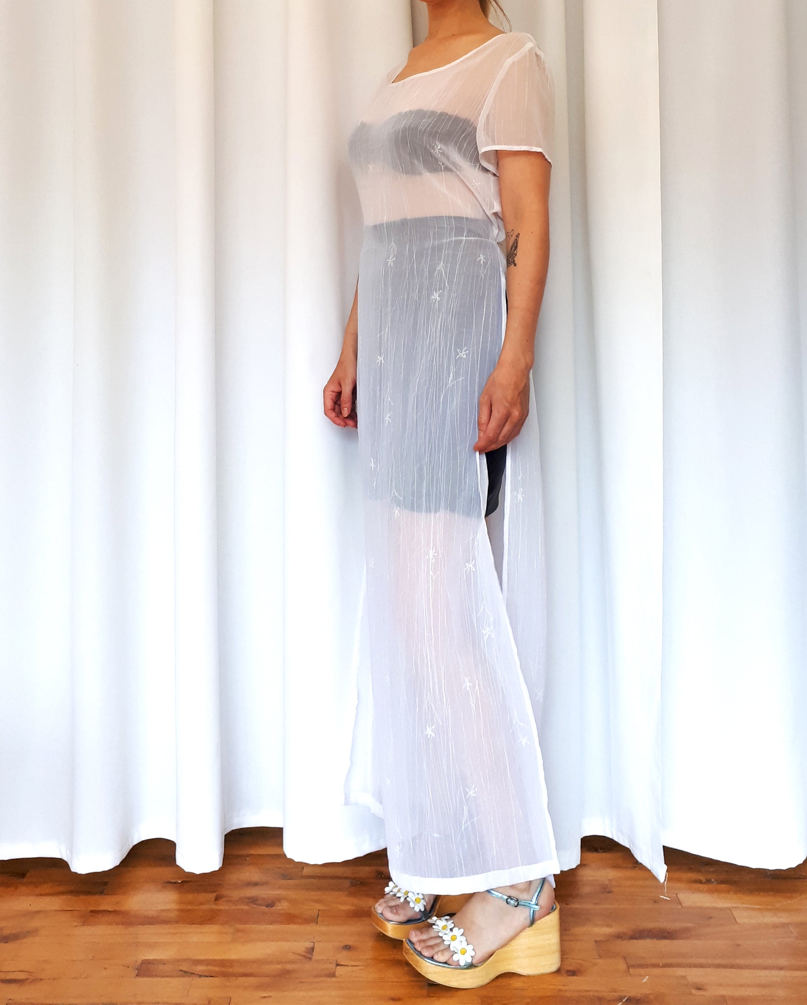 Vintage 90s Long White Maxi Sheer Dress With High Side Openings.