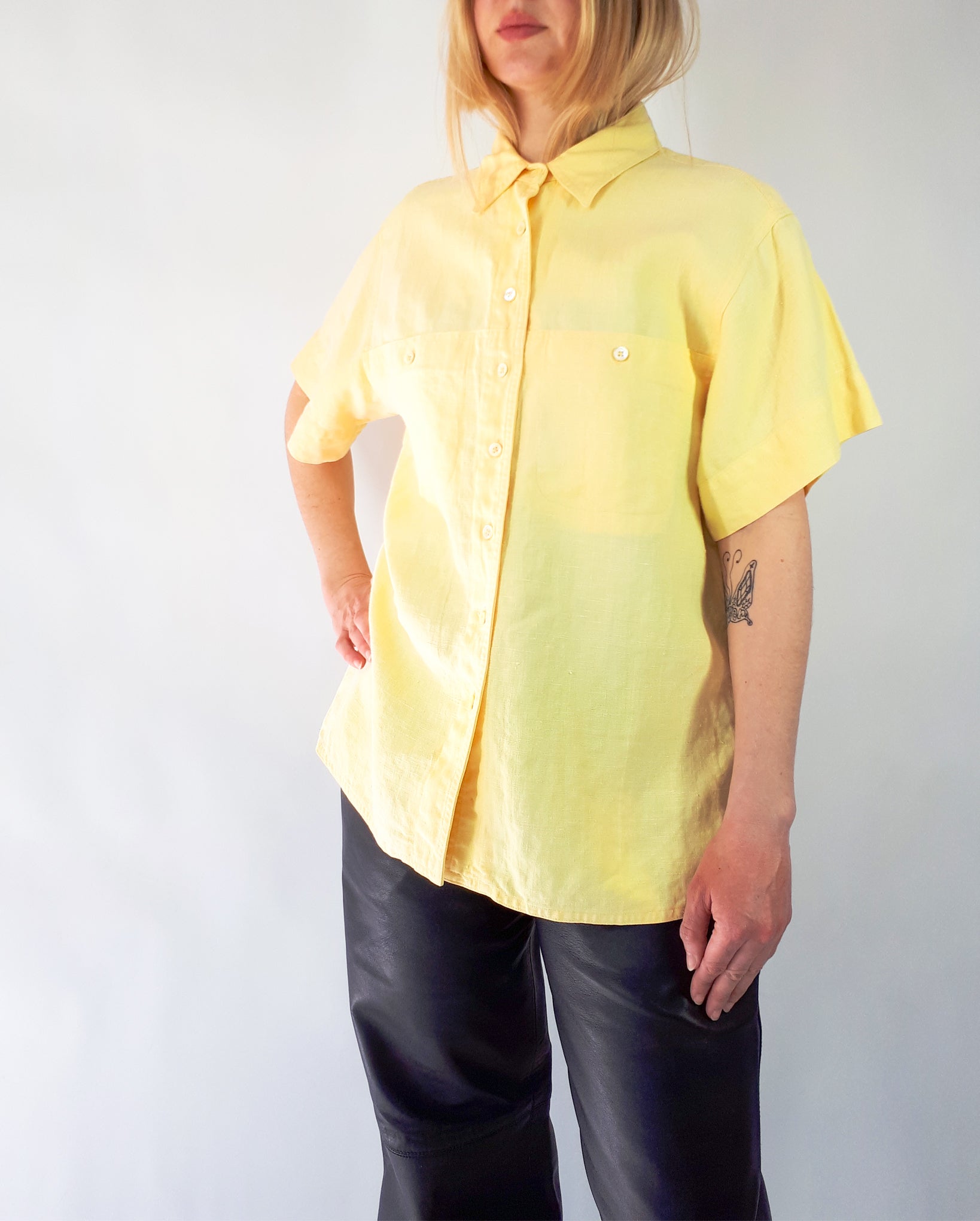 Vintage 90s Linen Lemon Yellow Short Sleeve Button Up Shirt Overshirt