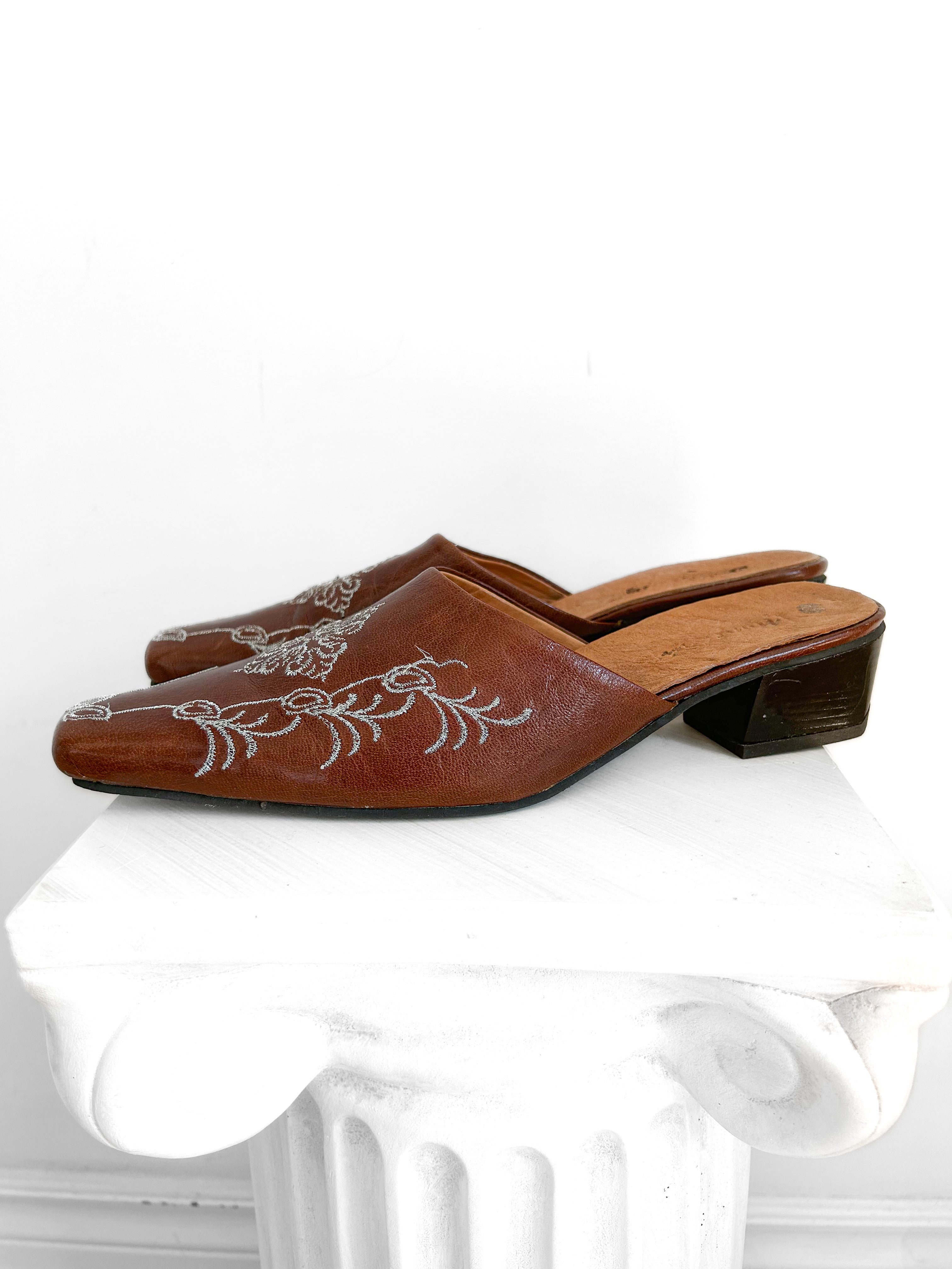 Post March / Size 8 / 7.5 Brown Leather Slip On Mules with a Low Heel and Pointed Toe
