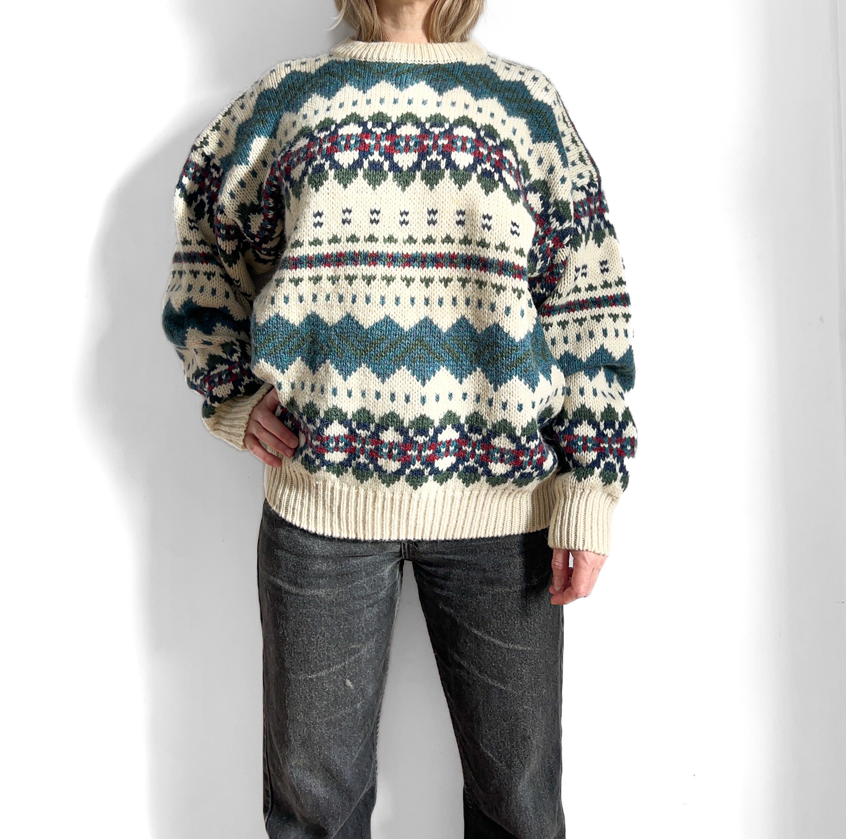 90s Chunky Knit Extra Large Wool Sweater, Oversize XL Nordic 