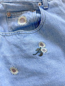 90s Vintage Light Wash Nevada Jeans, Ribcage Jeans 13” Rise, Sunflower Embroidery, 30” Waist