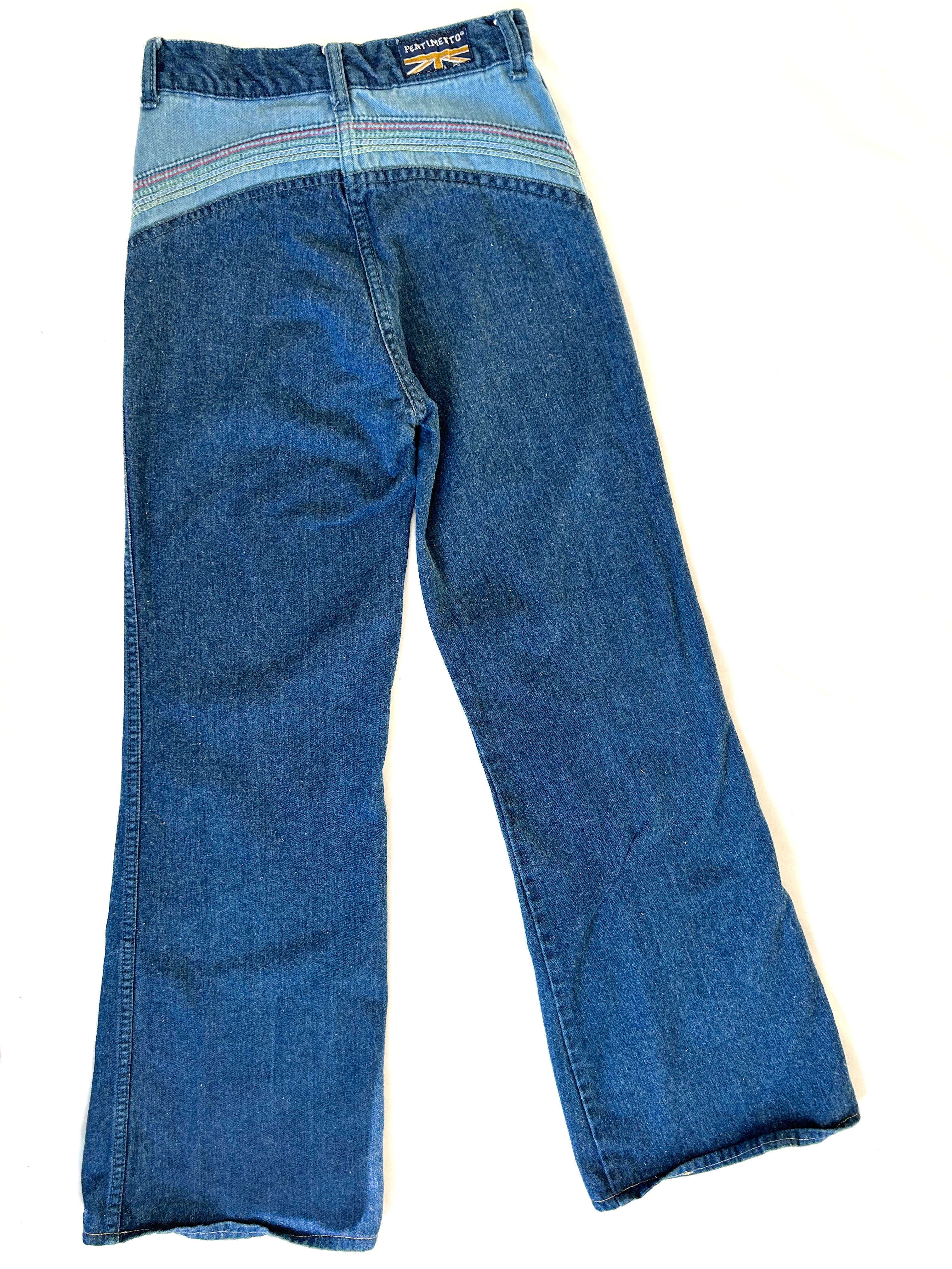 70s Vintage Rainbow Jeans, High Rise 26” Waist, Wide Leg with Rainbow Stitch Detail