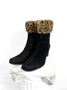 90s Black Suede Boots with Faux Cheetah Fur Trim, Size 8.5