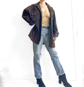 90s Vintage Brown Nubuck Leather Shirt Jacket, Men’s Large