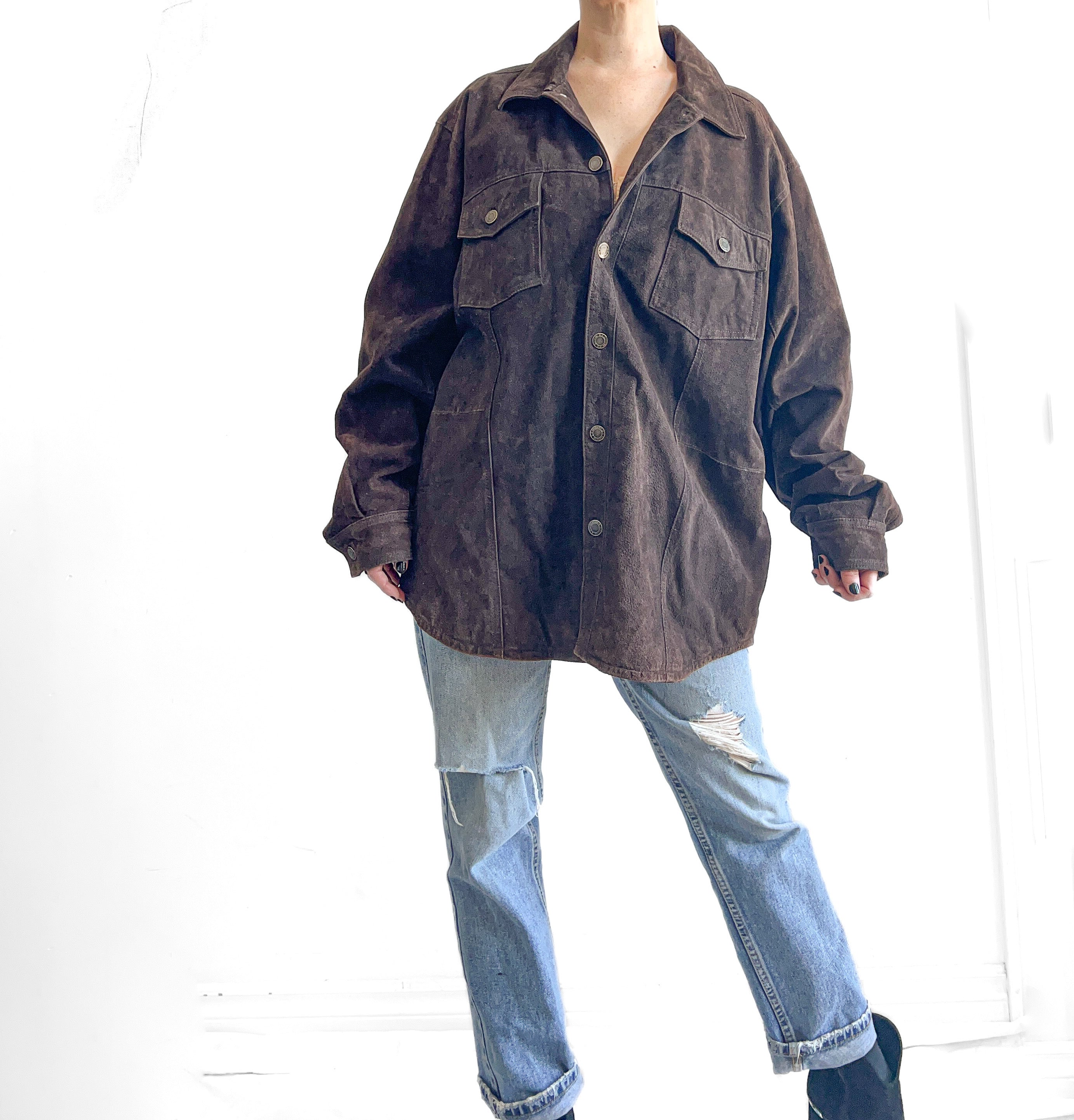 90s Vintage Brown Nubuck Leather Shirt Jacket, Men’s Large
