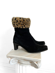 90s Black Suede Boots with Faux Cheetah Fur Trim, Size 8.5