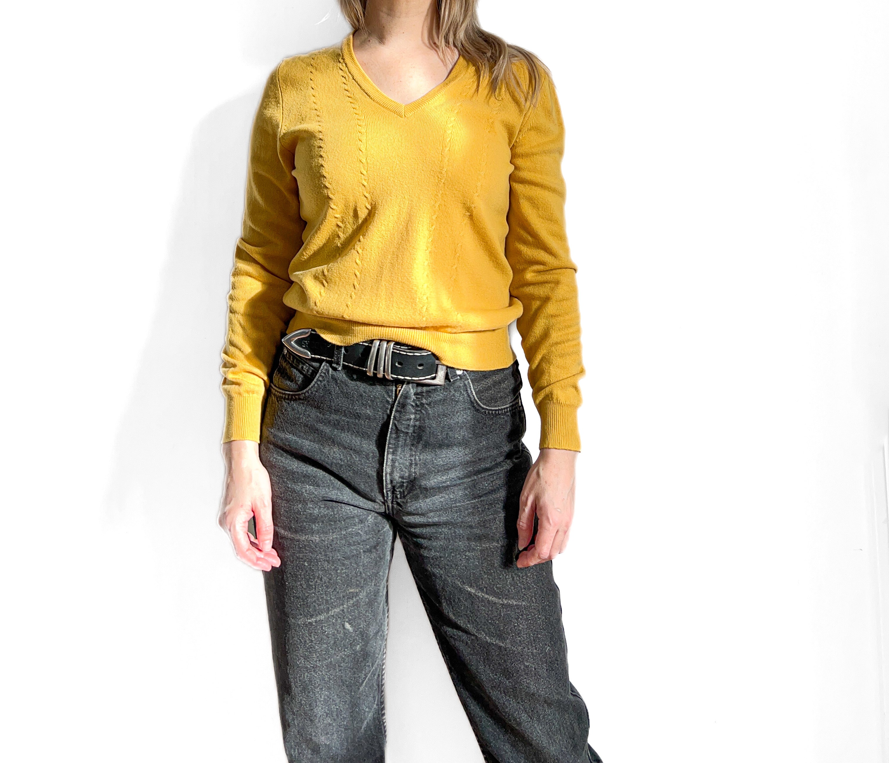 Mustard Yellow Cashmere Sweater, Cable Knit V Neck By Hawico of Scotland for Jenners