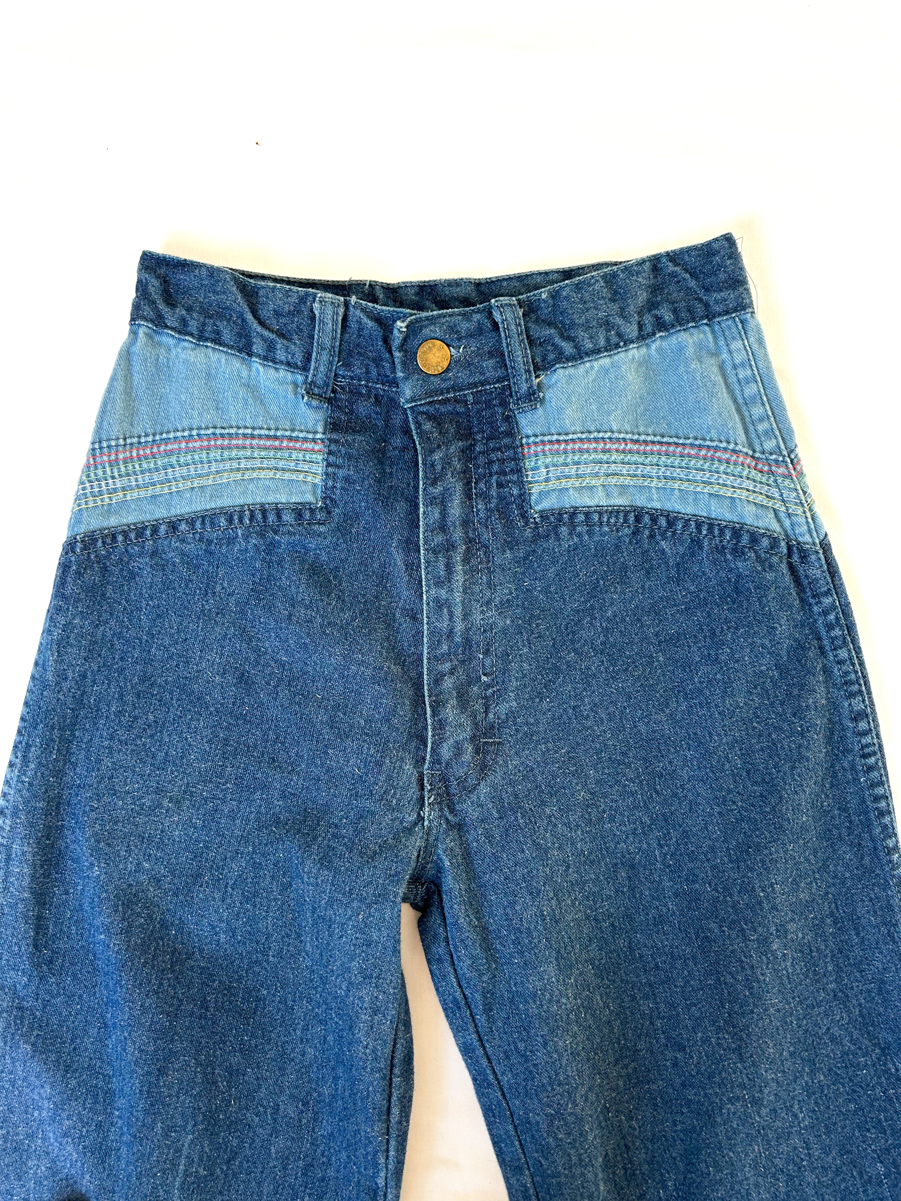 70s Vintage Rainbow Jeans, High Rise 26” Waist, Wide Leg with Rainbow –  Covet Vintage