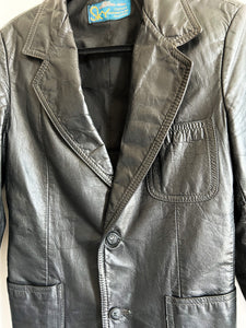 70s Vintage Black Leather Blazer Jacket. Size XS - Small, Made in Canada