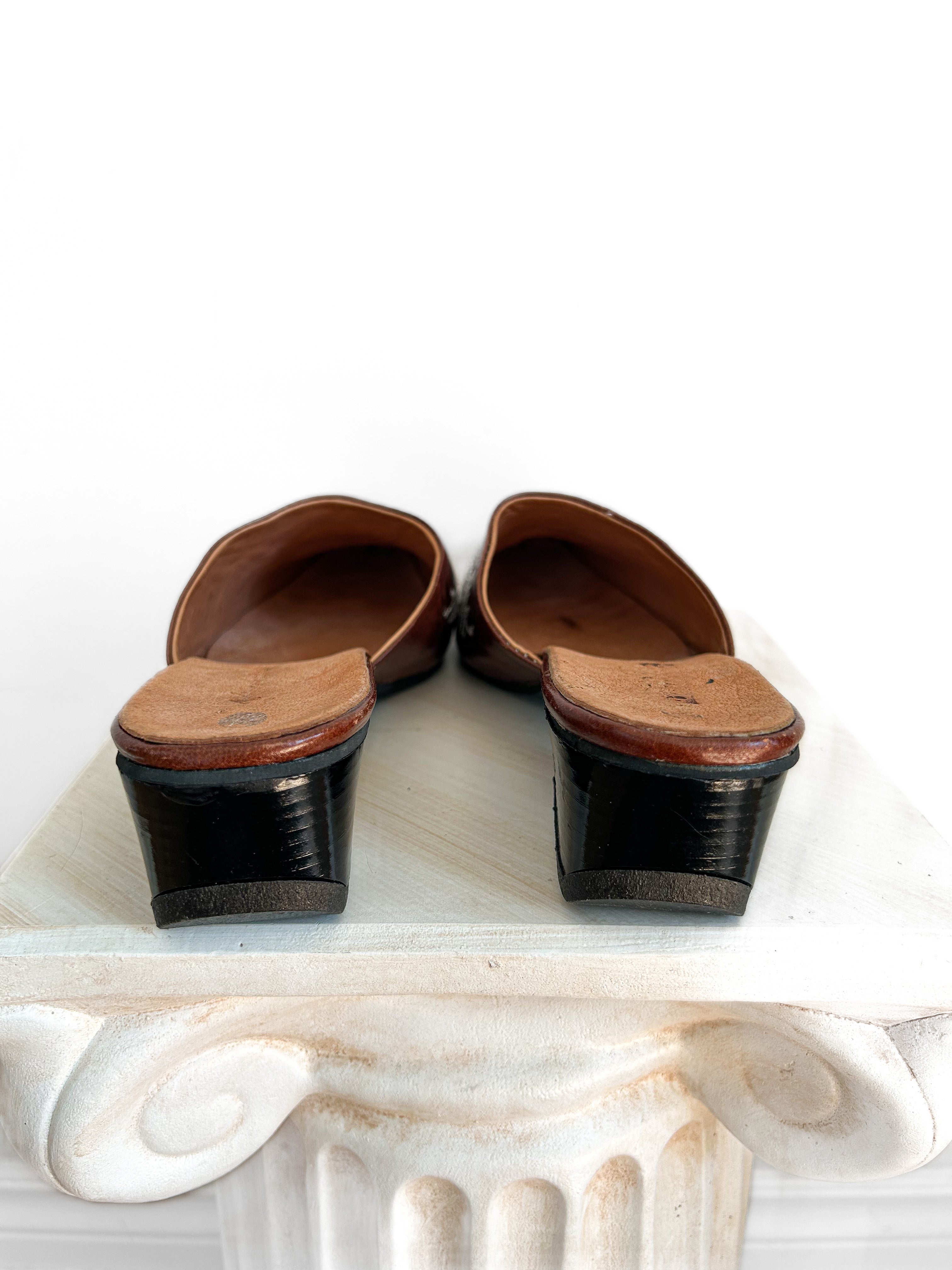 Post March / Size 8 / 7.5 Brown Leather Slip On Mules with a Low Heel and Pointed Toe