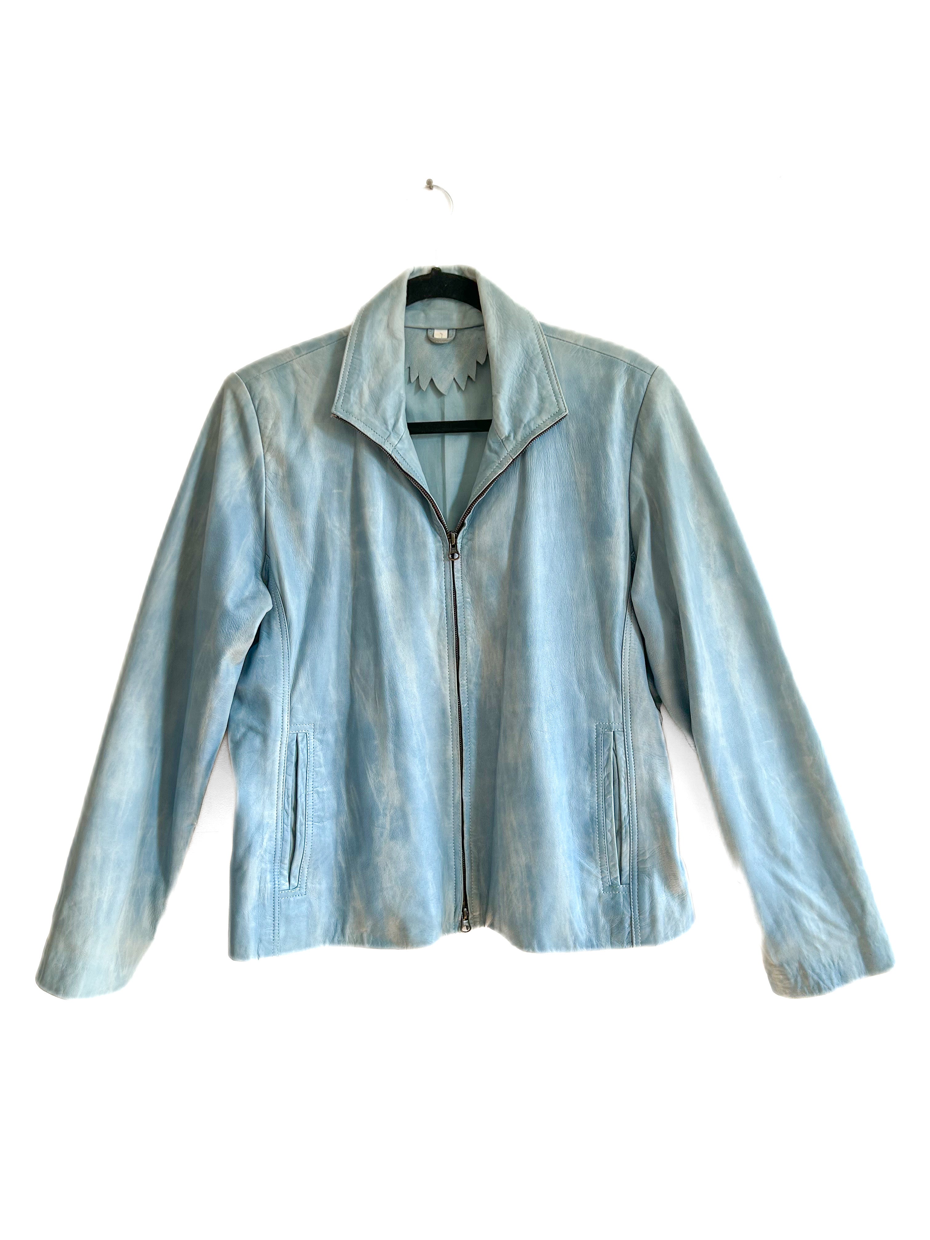 Sky Blue Butter Soft Kid Leather Jacket with Watercolour Marble Look