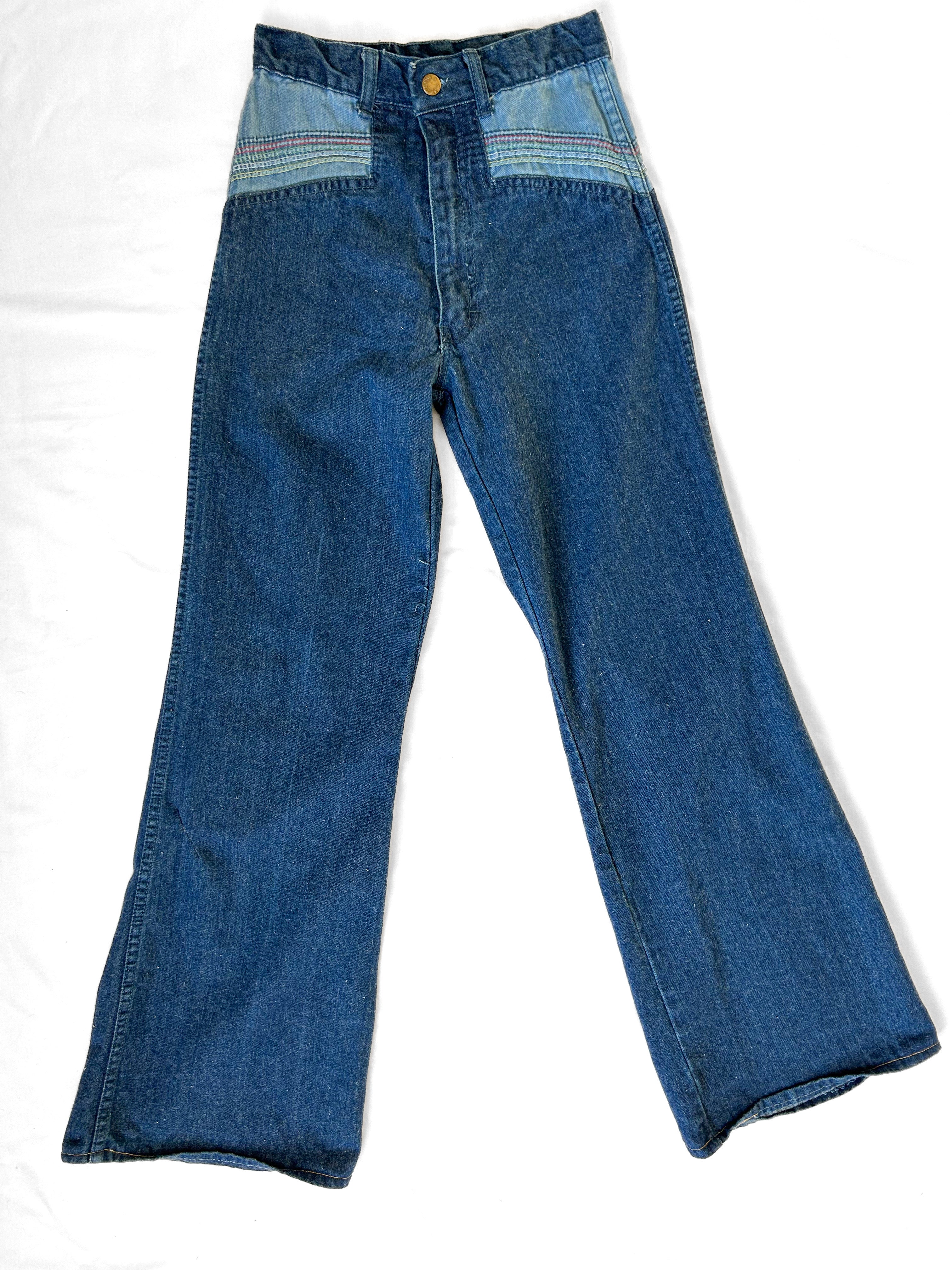 Vintage 70s 80s Rainbow Jeanswear High Waisted Jeans Sun Embroidery Disco  28