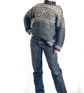 90s Jacob Fair Isle Knit Wool Sweater, Long Mini Dress Grey Sweater
