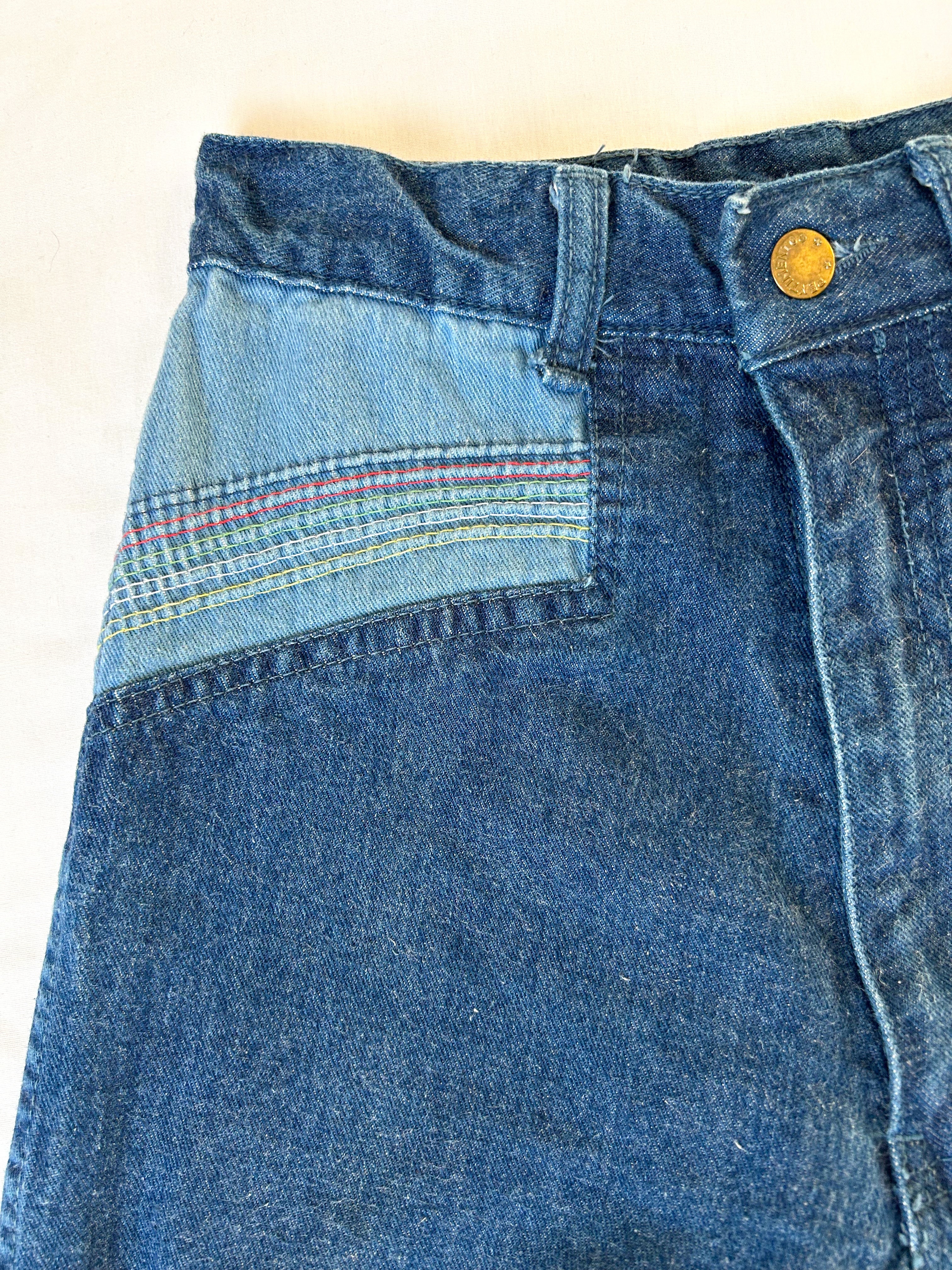 70s Vintage Rainbow Jeans, High Rise 26” Waist, Wide Leg with Rainbow Stitch Detail