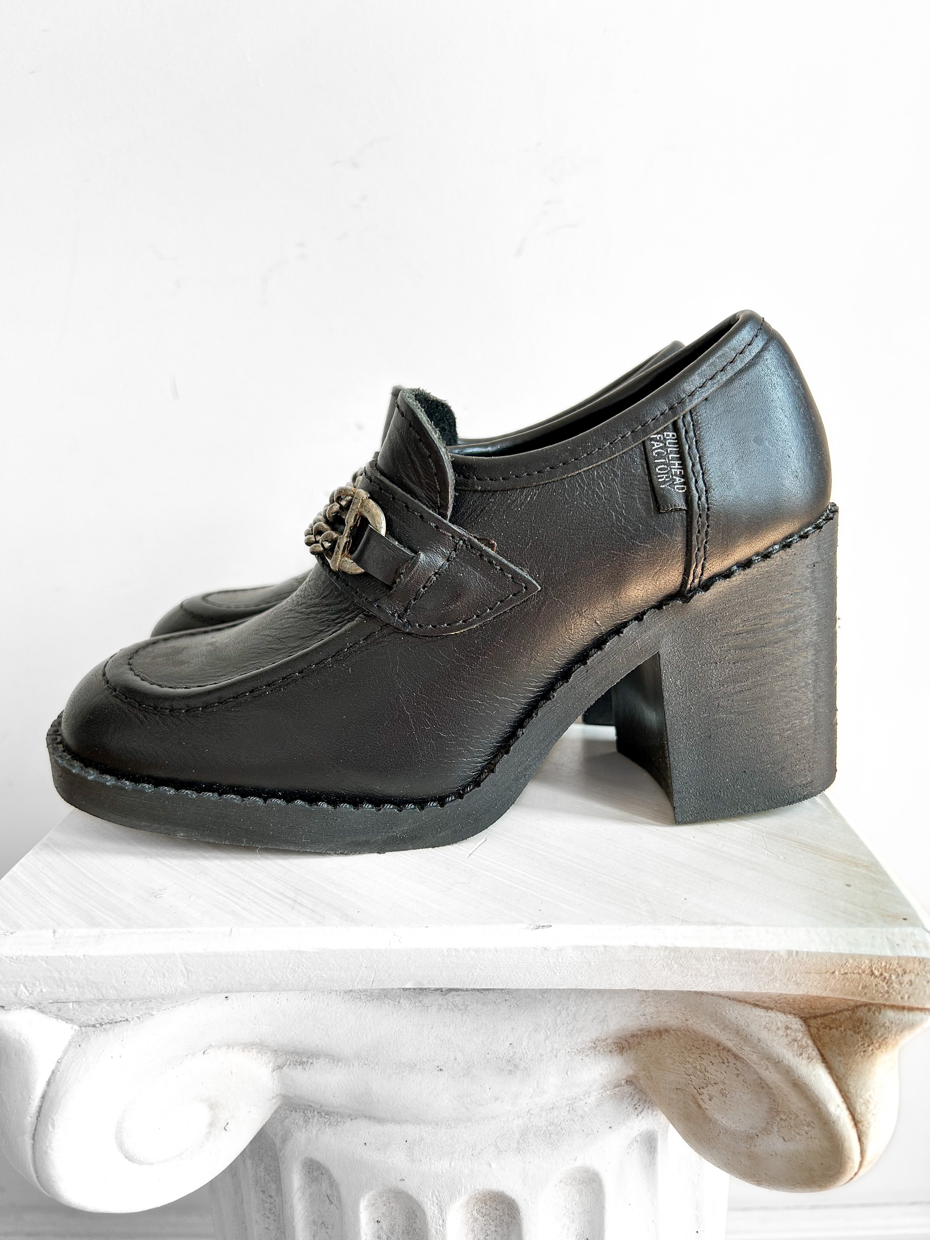 Dead Stock 90s Black Leather Loafer Heels, Size 37, Chunky Heel Shoes, Made in Portugal