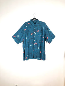 Vintage 80s Unisex Button Up Shirt, Venus Brand Short Sleeve With Geometric Print