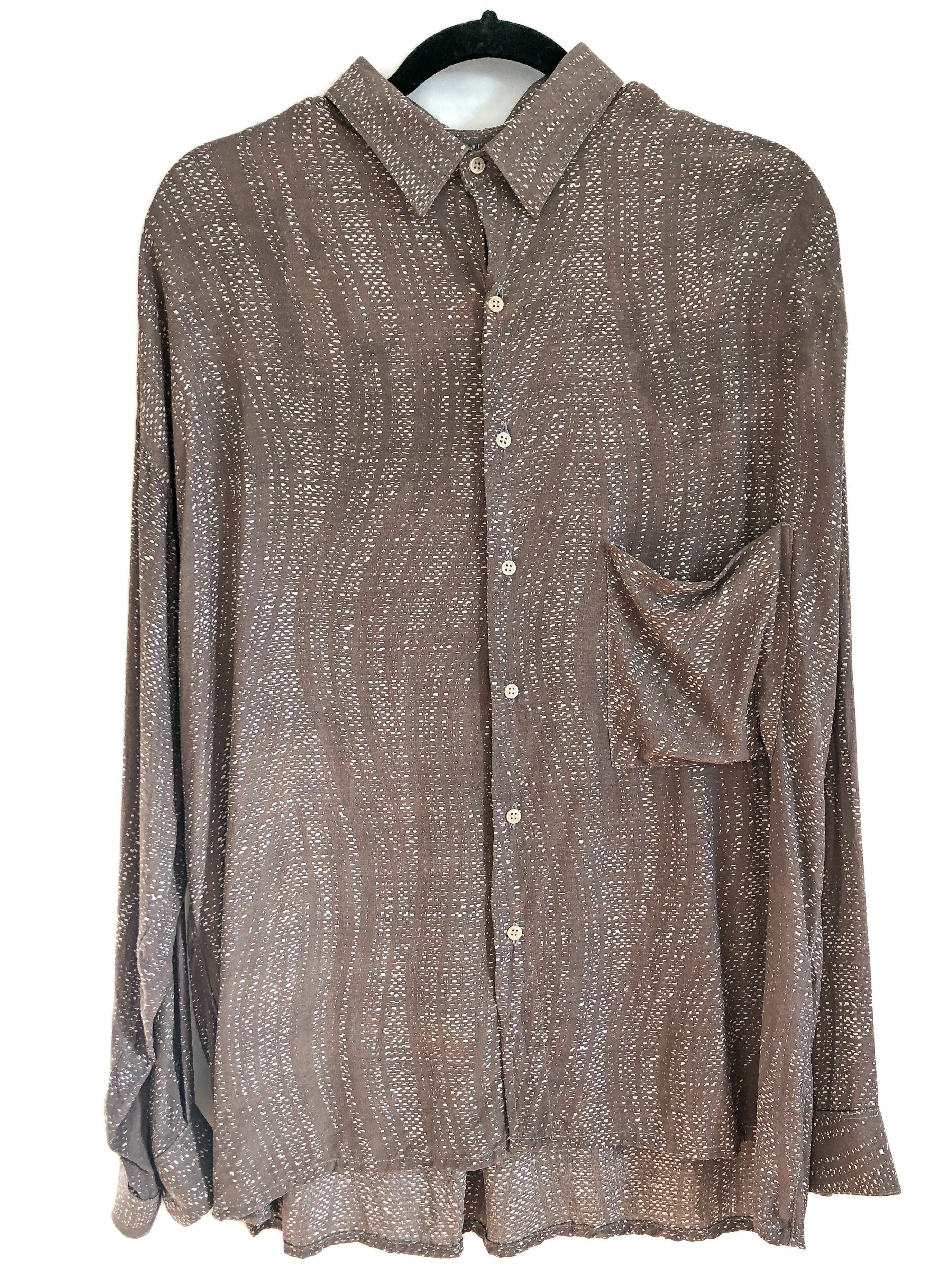 Unisex Silk Wavy Print Oxford Shirt, Abstract Brown Button Up 1980s Vintage Faux Valentino
