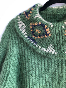 Large Mohair Sweater, Green With Baggy Fit, Fair Isle Knit Neckline