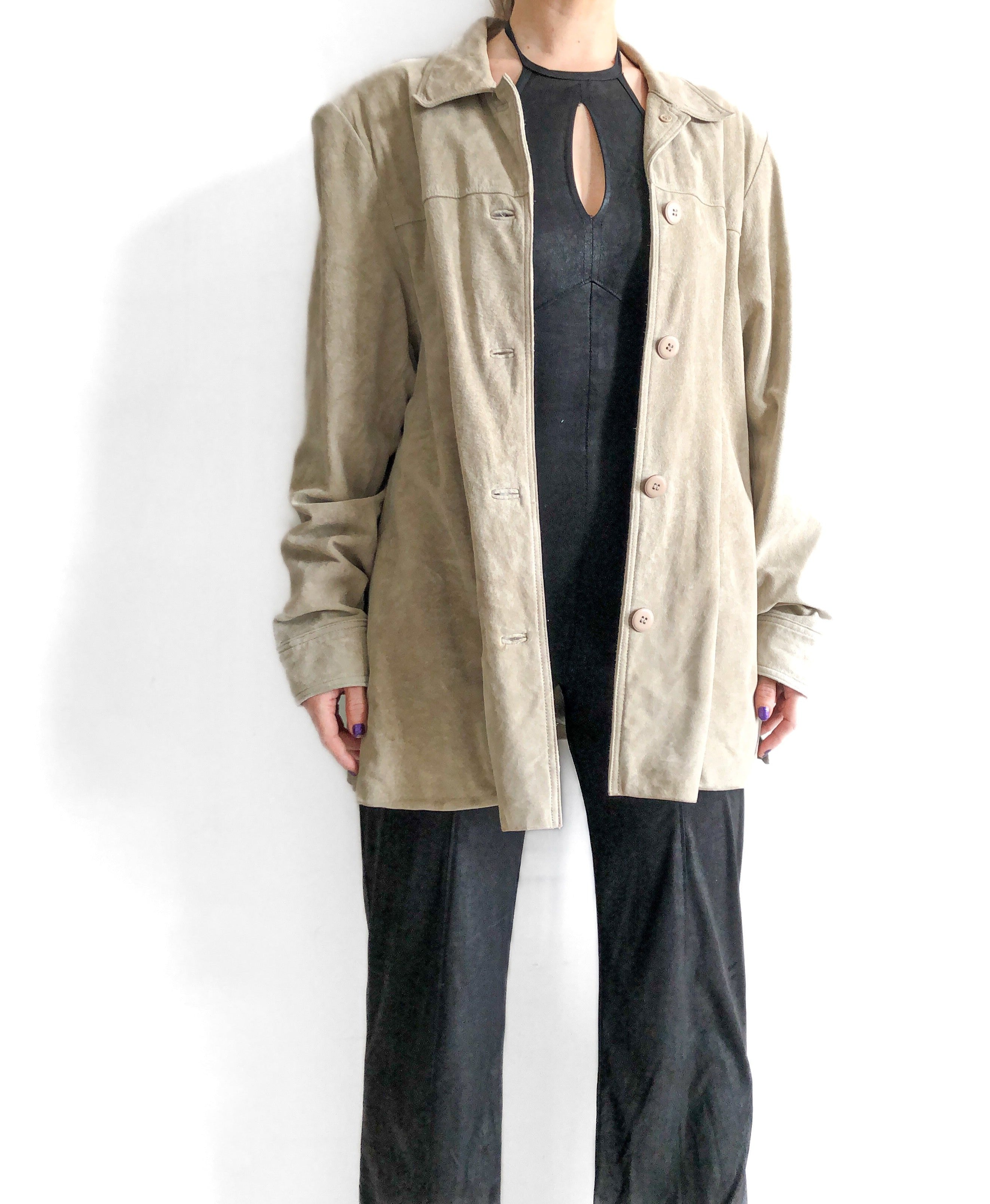 90s Suede Jacket, Beige Midi Suede Panel Jacket, Vintage Leather Panel Jacket, Size Medium Womens