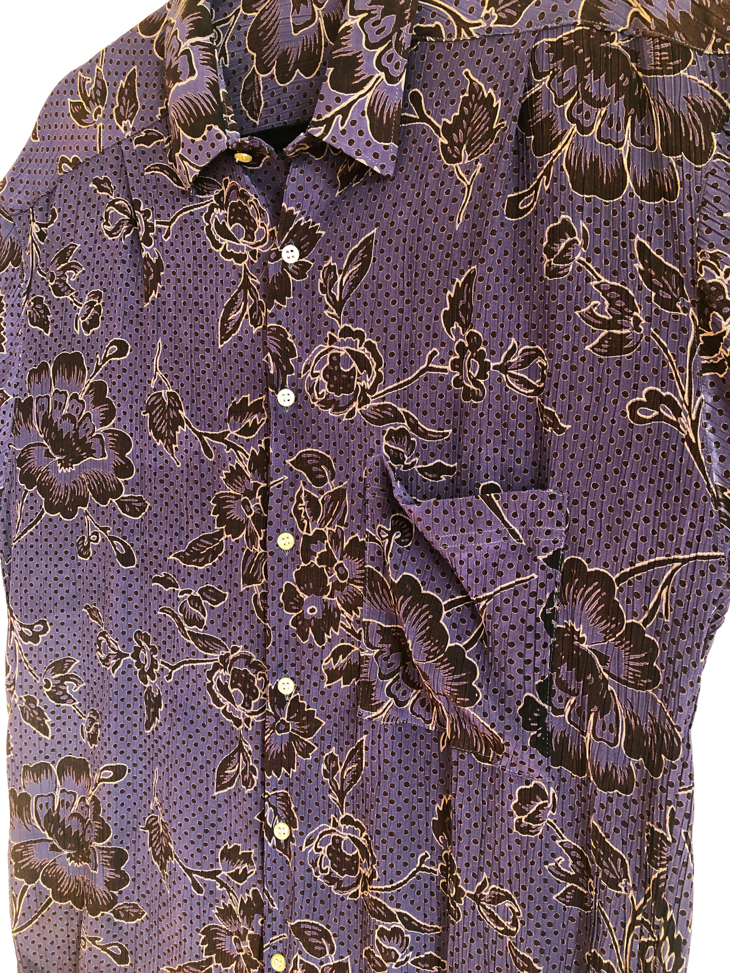 Vintage Purple Floral Unisex Oxford, Button Up 1980s Plisse Pleats, 80s Faux Designer Lanvin