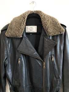 Bovines Leather Motorcycle Jacket With Shearling Collar, Black Midi Length Moto Jacket Butter Soft Leather