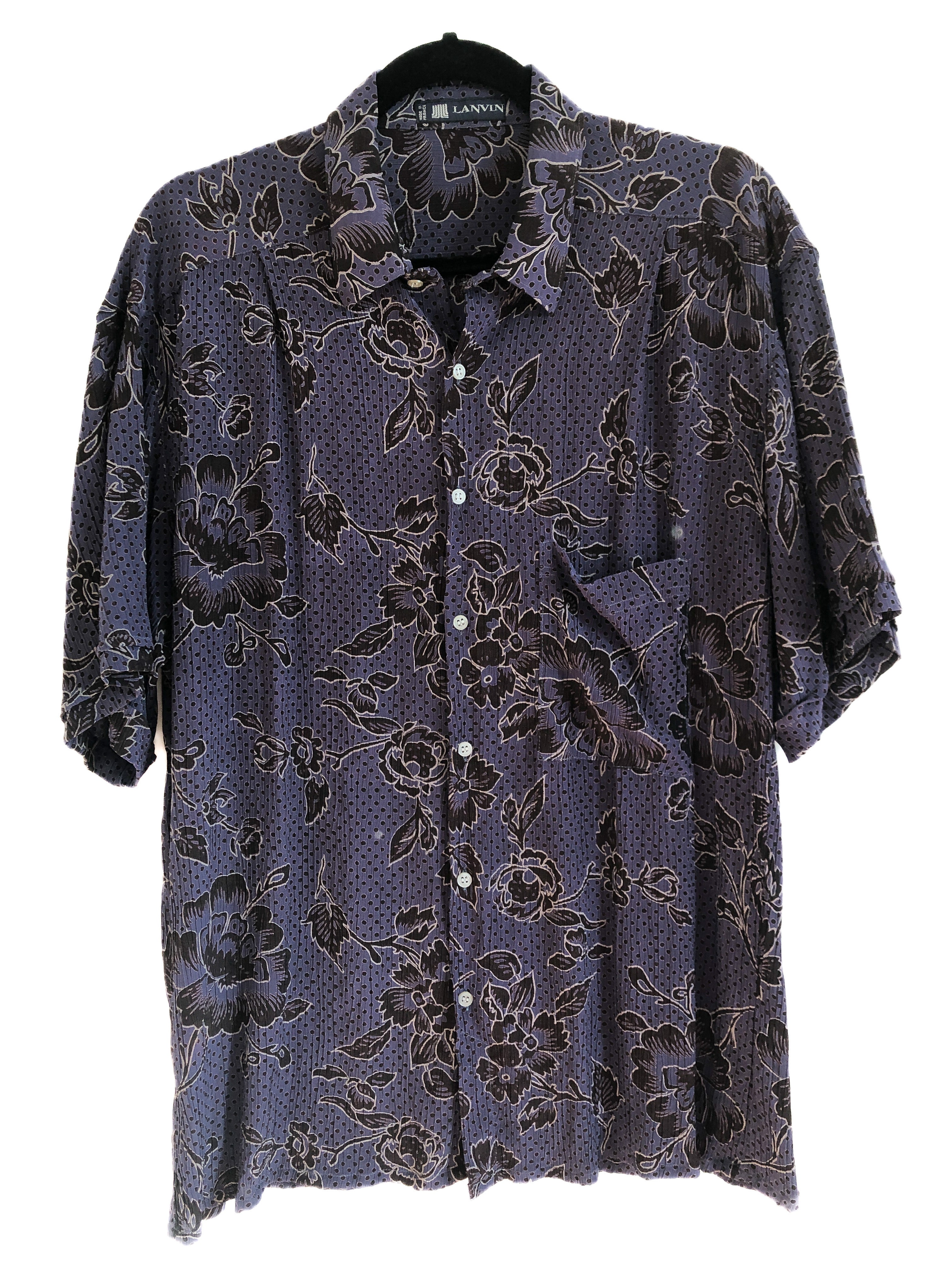 Vintage Purple Floral Unisex Oxford, Button Up 1980s Plisse Pleats, 80s Faux Designer Lanvin