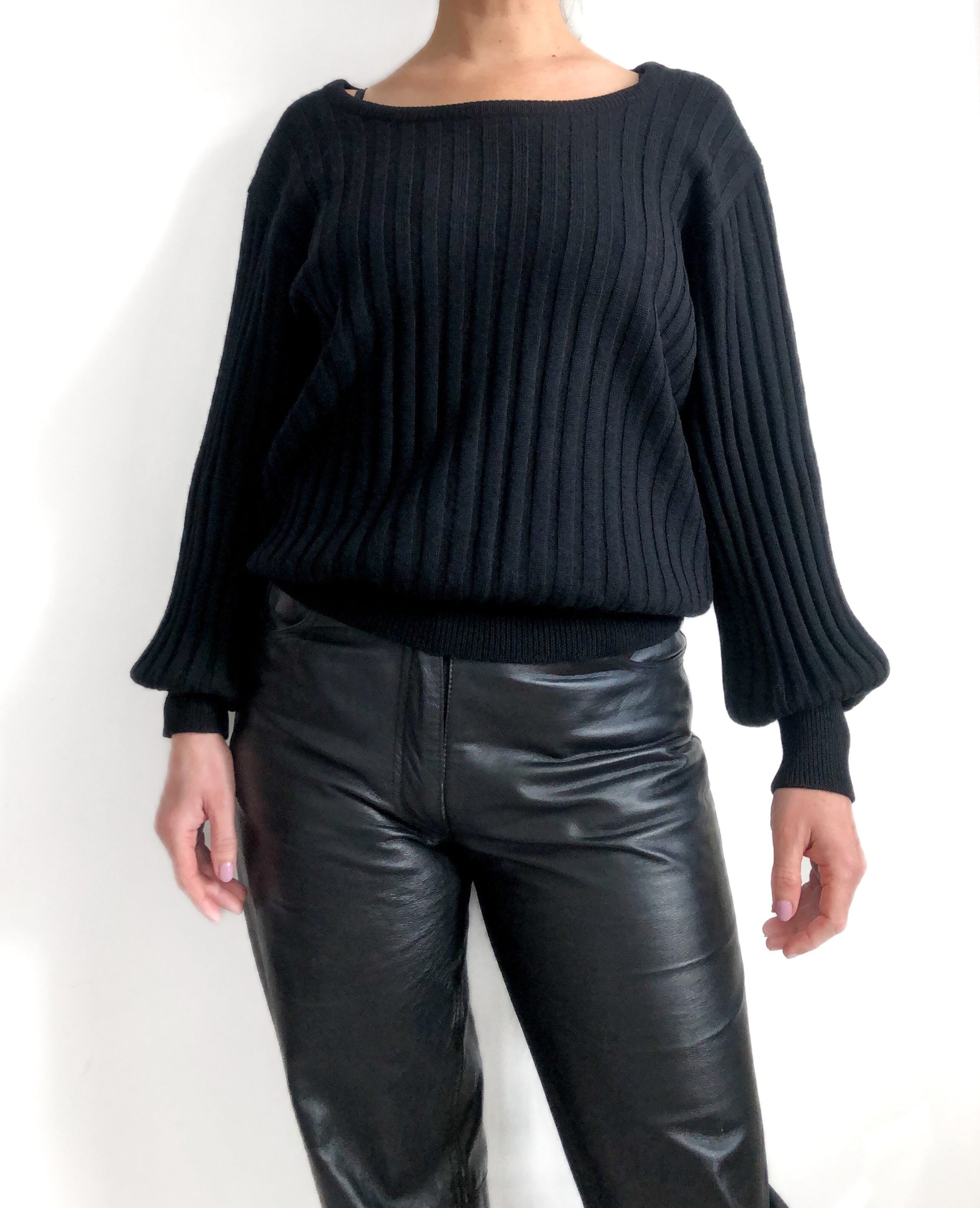 Holt Renfrew Balloon Sleeve Sweater, Size Large Wide Ribbed Black Wool Luxury Sweater,
