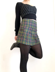 Y2K Pleated Plaid Mini Skirt, Wool Tweed Cargo Pocket Skirt, Mid Rise 29"