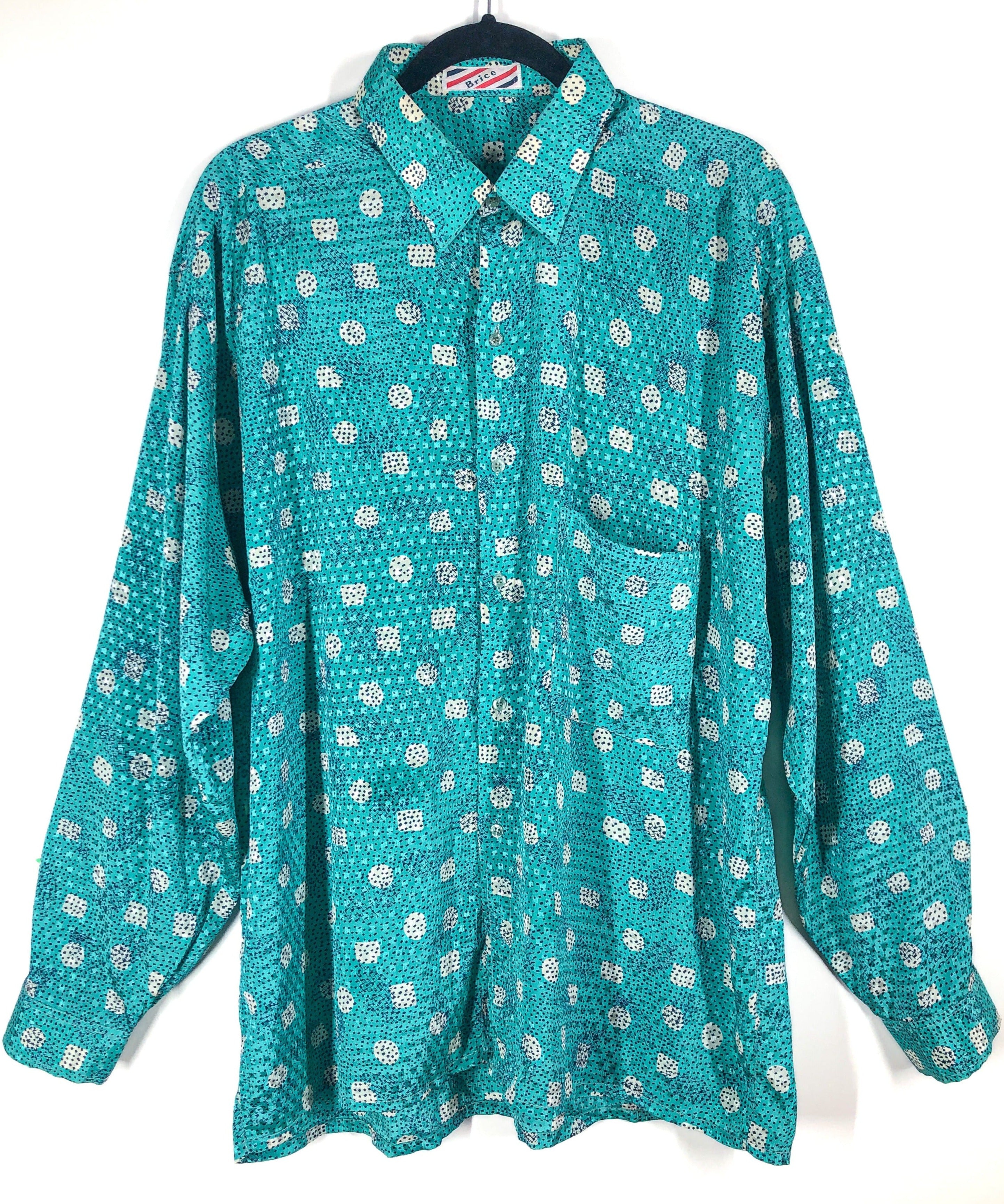 Vintage Silk Teal Button Up Shirt, Brice Brand Made in France Abstract Print and Jaquard Detailing