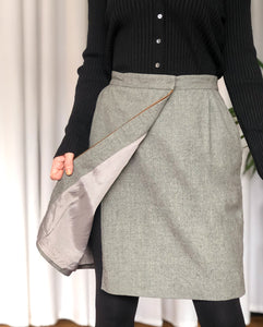 Vintage 70s Gucci Grey Wool Wrap Skirt with Brown Leather Piping Detail