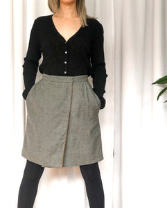 Vintage 70s Gucci Grey Wool Wrap Skirt with Brown Leather Piping Detail
