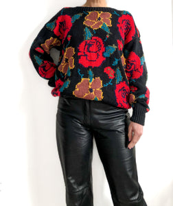 90s Oversized Rose Sweater With Large Floral Motif, Cotton Knit  by Natonia made in Hong Kong