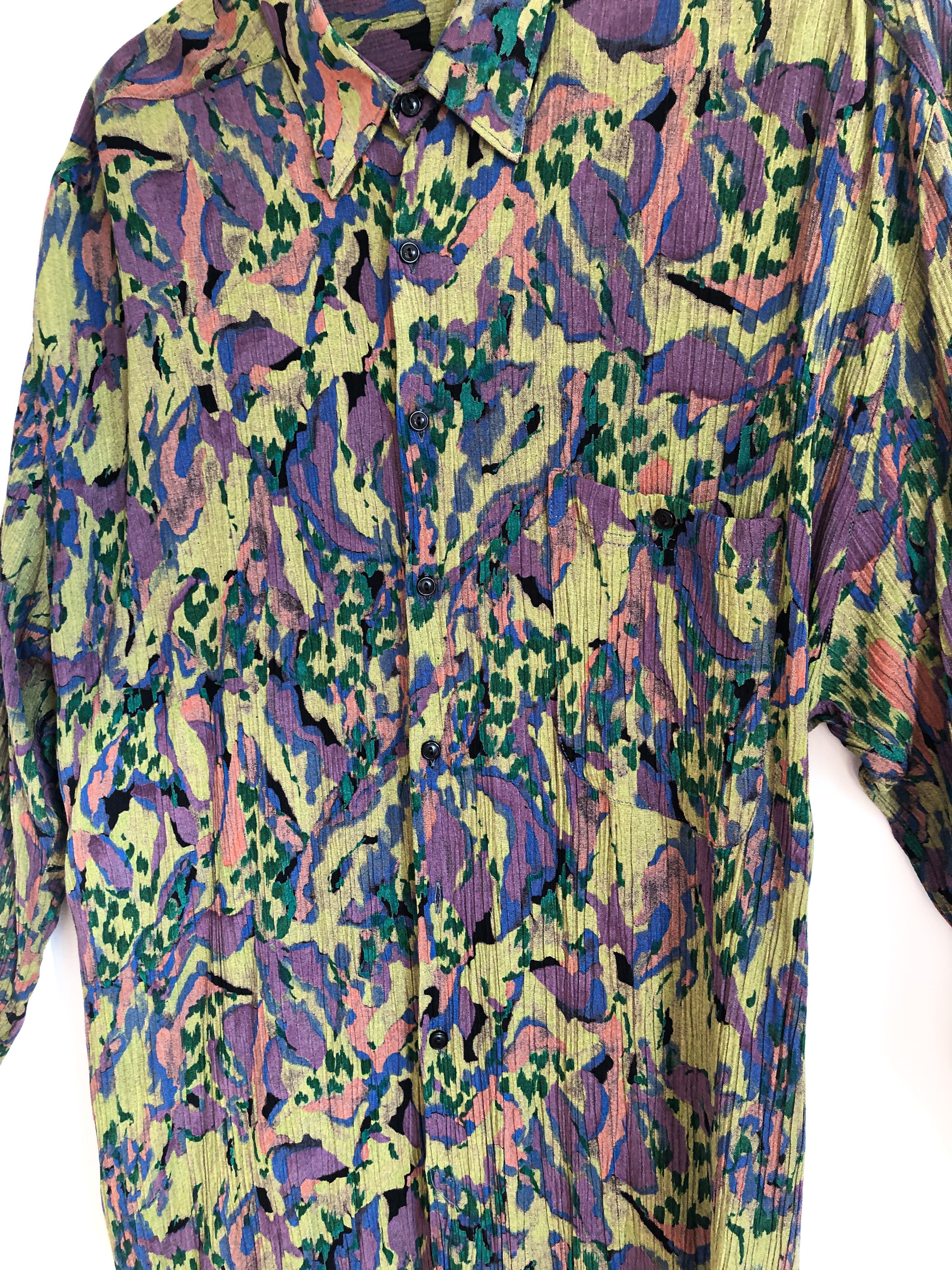 Vintage Plisse Pleat Unisex Blouse With Abstract Painterly Print, 1980s Oxford Faux Lanvin Shirt