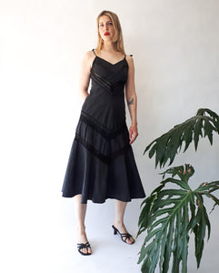 Vintage 70s Black Dress Cotton With Crocheted Insets and Tied Shoulder Straps