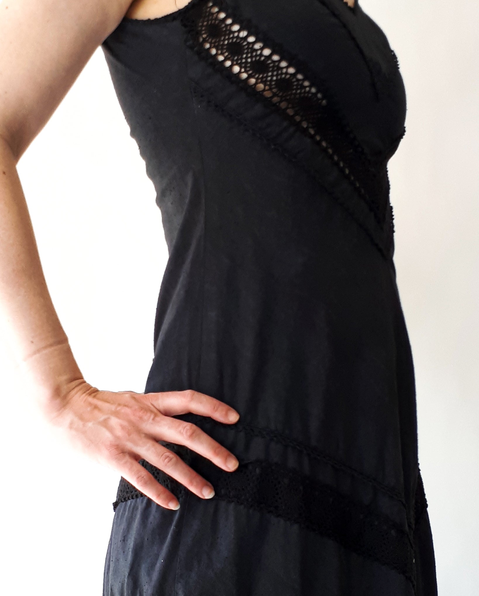 Vintage 70s Black Dress Cotton With Crocheted Insets and Tied Shoulder Straps