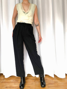 High Rise Black Pleated Dress Pants, 26" Waist, Rena Rowan For Saville, Black Crepe Trousers