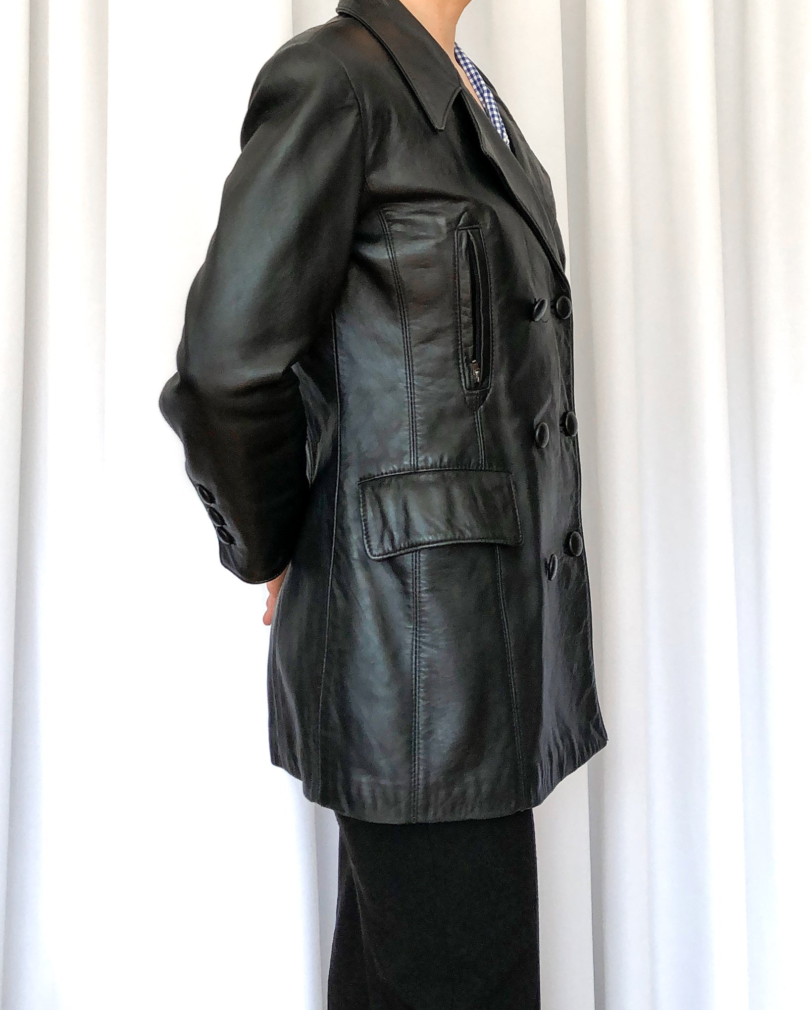 Vintage 70s Black Leather Jacket, Alaska Brand Double Breasted Jacket, Made in Canada